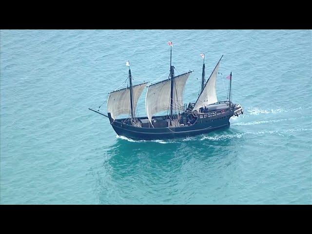 Replicas of Columbus ships Nina and Pinta docking in Venice