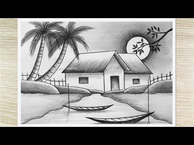 Beautiful Sunset Scenery Drawing by Pencil, Easy Pencil Drawing Tutorial