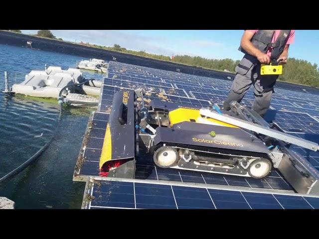 Floating solar panel cleaning with SolarCleano