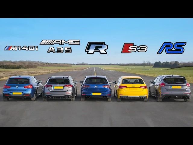 AMG A35 v  BMW M140i  v Golf R v Audi S3 v Focus RS - DRAG RACE, ROLLING RACE & BRAKE TEST