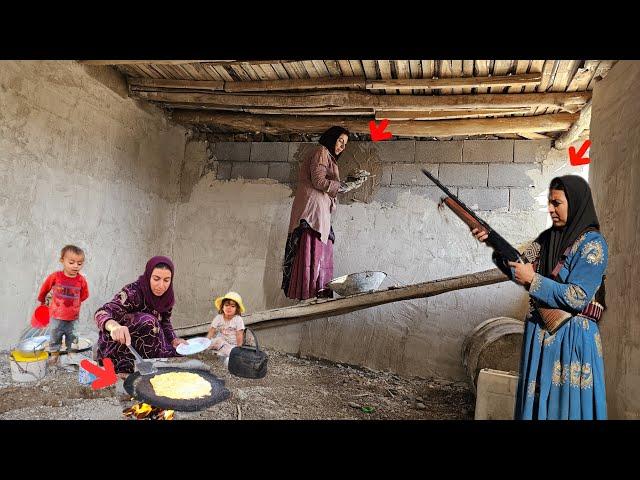 Khadija's efforts to finish plastering the hut and making local bread