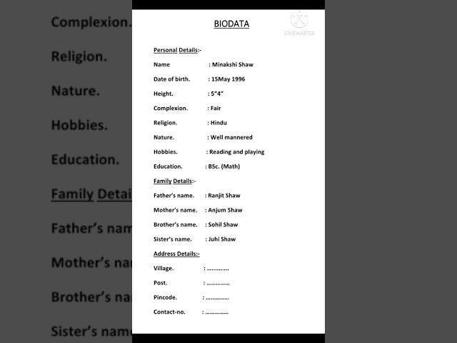 Marriage Biodata format in English/Marriage Biodata kaise banaye/#biodata #sonushree