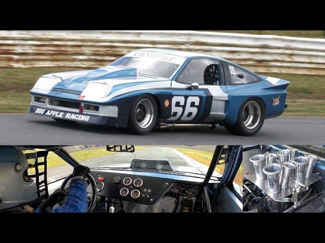 Restored Grant King IMSA Chevy Monza pit walkaround, on track & onboard Baskerville Historics 2024