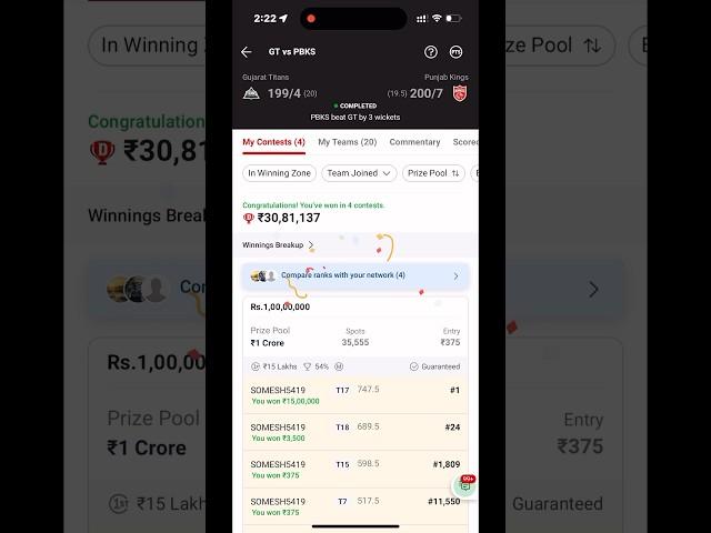 6 Crore Win in GT vs PBKS #IPL #dream11 #ipl2024