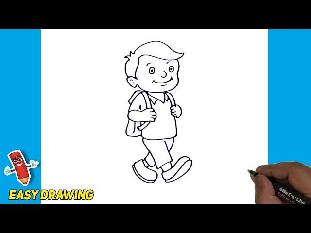 How To Draw School Boy step by Step and Easy | School Boy Line Illustration  | School Boy drawings