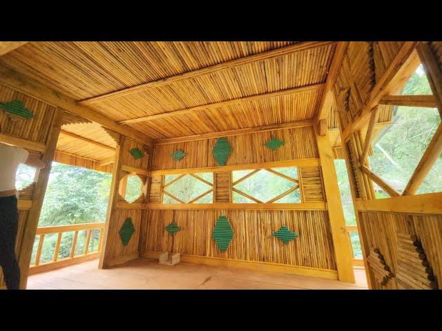 TIMELAPSE  The build wooden house process of building the entire wooden ceiling in the girl's forest