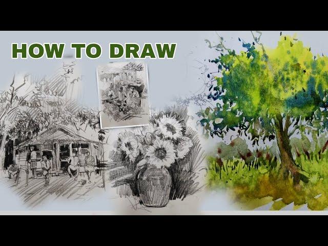 how to draw pencil landscape, how to draw tree, how to do sketching ,   water color  tree tutorial