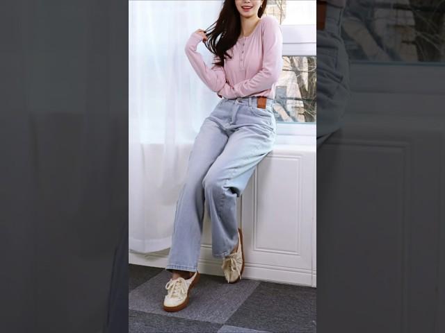 래비 스트레이트 하이웨스트 투버튼 워싱 청바지