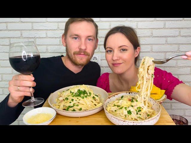 МУКБАНГ ДОМАШНЯЯ ПАСТА КАРБОНАРА РЕЦЕПТ MUKBANG HOMEMADE PASTA CARBONARA ответы на вопросы FOOD RU