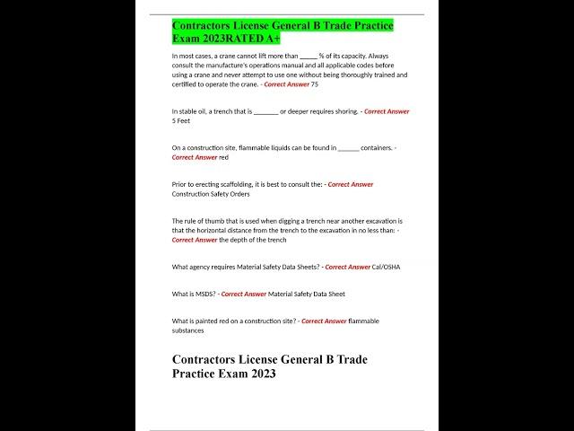 Contractors License General B Trade Practice Exam 2023 RATED A+