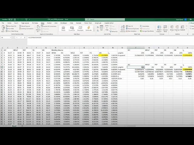 Calculate Beta, R-squared, expected return and more on a 5-security portfolio using Excel