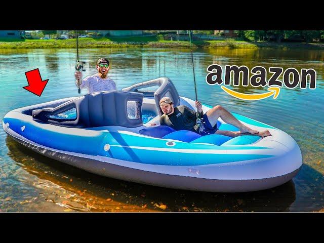 River Fishing Challenge w/ $500 INFLATABLE Boat from Amazon ( it floated away !! )