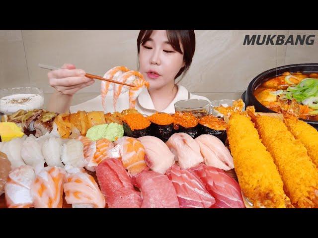 SUB) Salmon Tuna Kimchi Beef Flatfish fin Sushi Fried Blacktiger Shrimp Roe REAL SOUND ASMR MUKBANG