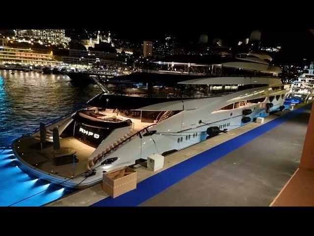 Ahpo by Lürssen Yachts and Porject X at nighttime at Monte Carlo at the Momaco Yacht Show [4k 60p]