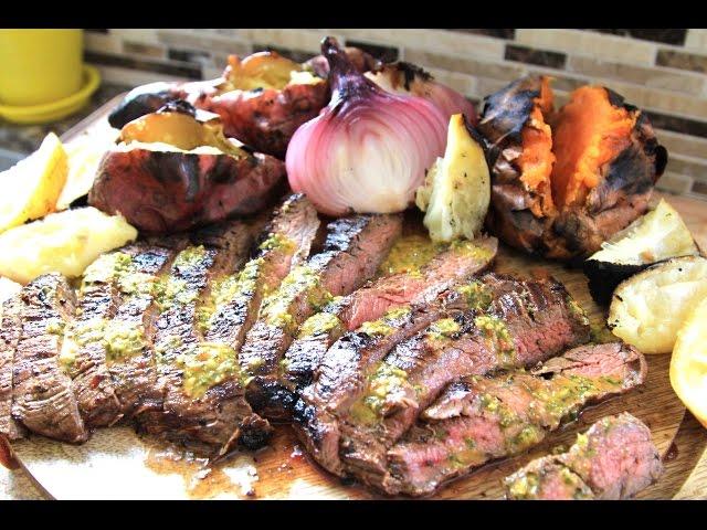 Awesome Grilled Flank Steak - with Gaucho Sweet Potatoes and Rustic, Charred Caesar Salad