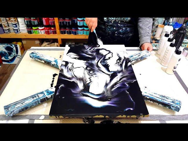 Come watch me blow this one out! Black, White and shimmering interference colors! Acrylic Painting