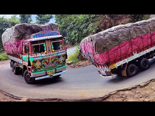 Lorry Videos : Dare To Drive At Horrible Ghat Turns | Truck Videos | Truck Driving | Trucks In Mud