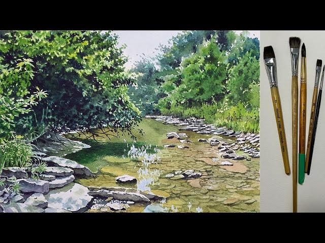 Valley forest watercolor landscape painting