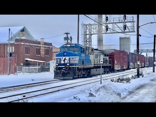 Snow Trains!  Caboose On Train With Wheels Smoking, Trains Passing In Opposite Directions: CSX NS