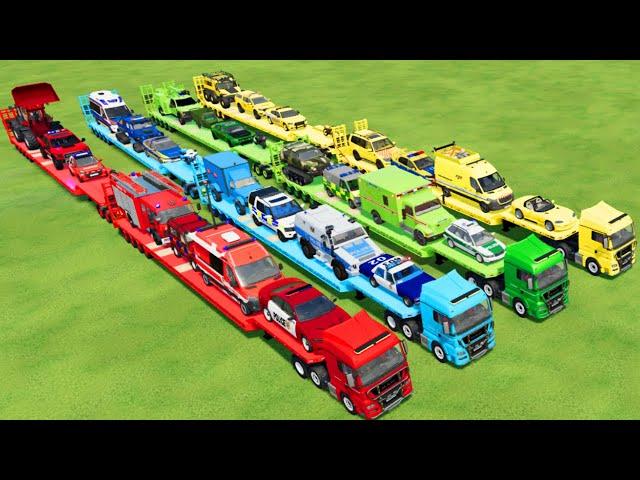 LOAD & TRANSPORT FIRETRUCK, CARS, AMBULANCE, POLICE CARS, BUS, LOADER BY TRUCK-Farming Simulator 22