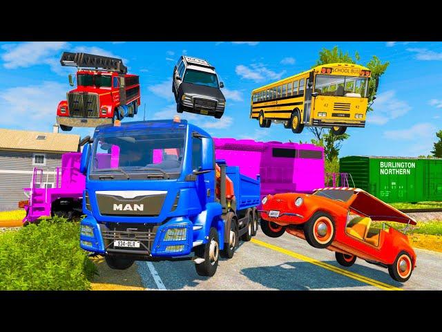 Double Flatbed Trailer Truck vs Speedbumps - Long Slide Game with Big & Small Truck - BeamNG Drive