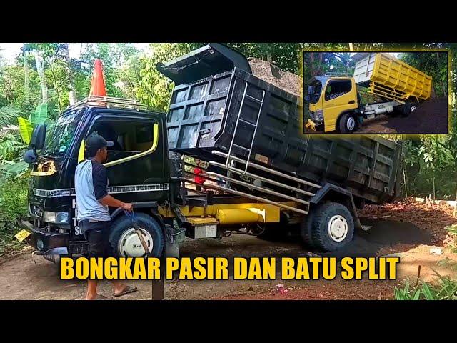 Dump Truk Bongkar Pasir dan Batu Split di Jalan Sempit