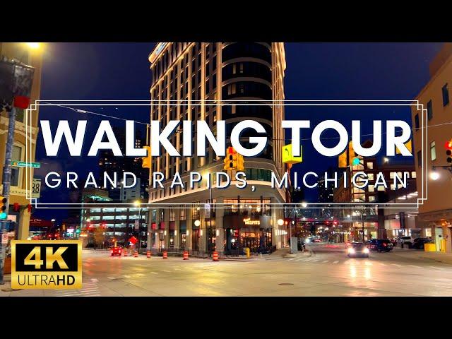 Walking Downtown Grand Rapids Michigan at Night, Traditional Jazz Music and Cityscapes | 4K