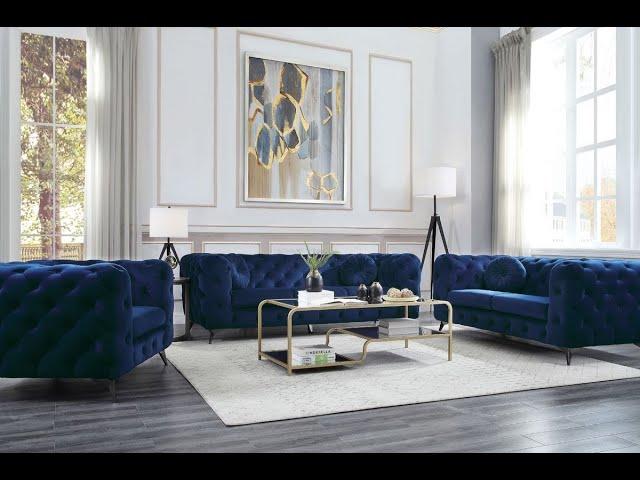 Zenon Navy Blue Velvet Sofa Button Tufted