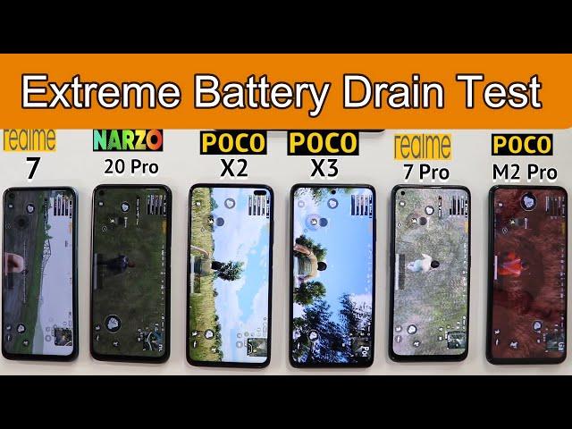 Poco X3 vs Realme 7 Pro vs Narzo 20 Pro vs Poco X2 vs Realme 7 vs Poco M2 Pro 100% To 0% Drain Test!