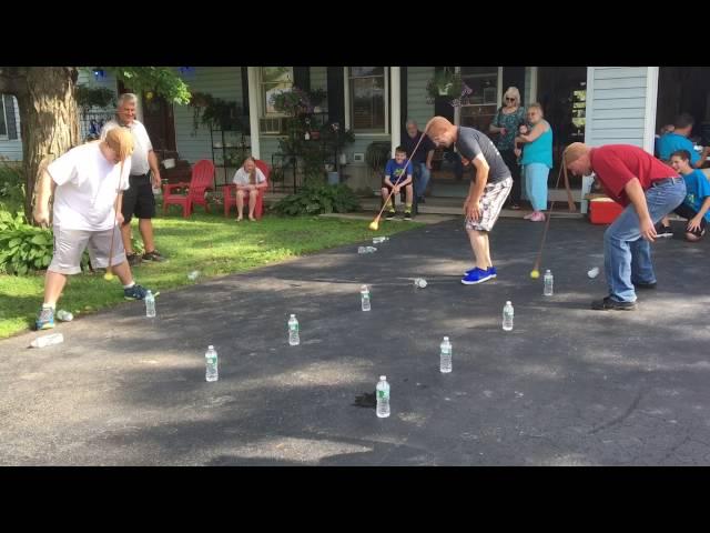 Water bottles, stockings, tennis balls games round 1