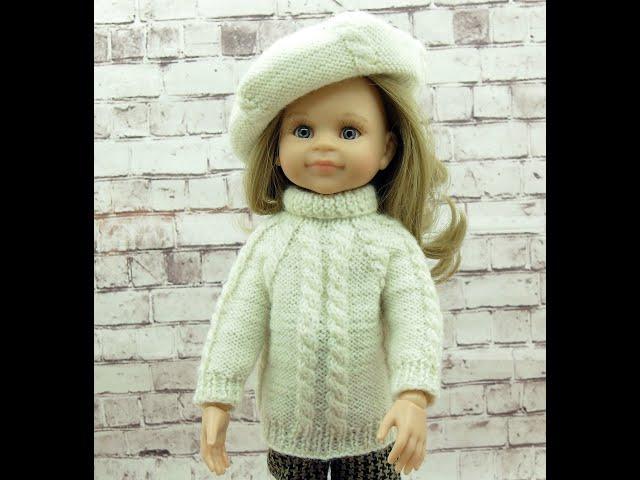 White sweater with a beret for Paola Reina doll 13 inches. Sample of handmade doll clothes.