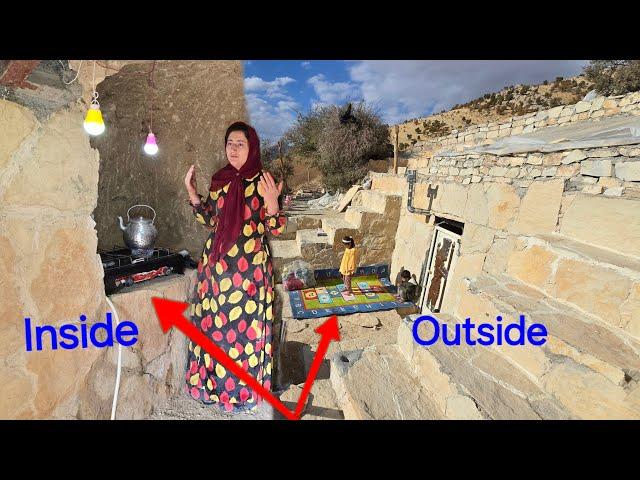 Nomadic lady's happiness: magic cave with stove table and clean carpet