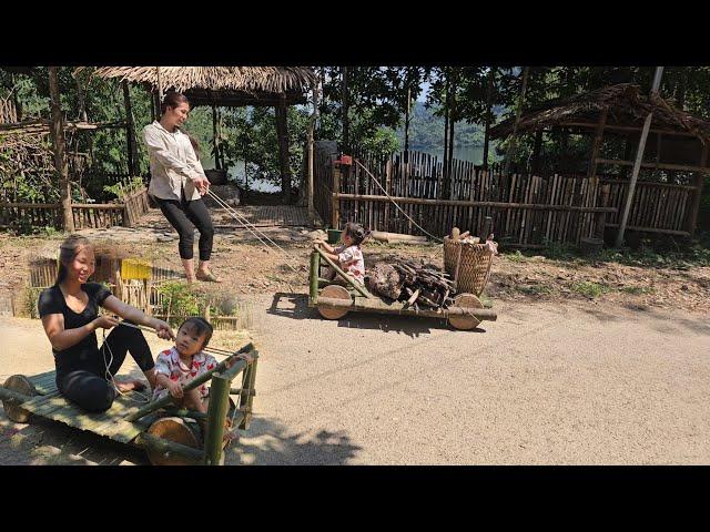 making a cart out of bamboo and wood - single mother with her daughter