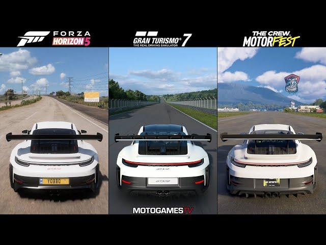 Forza Horizon 5 vs Gran Turismo 7 vs The Crew Motorfest - Porsche 911 GT3 RS (992) Sound Comparison