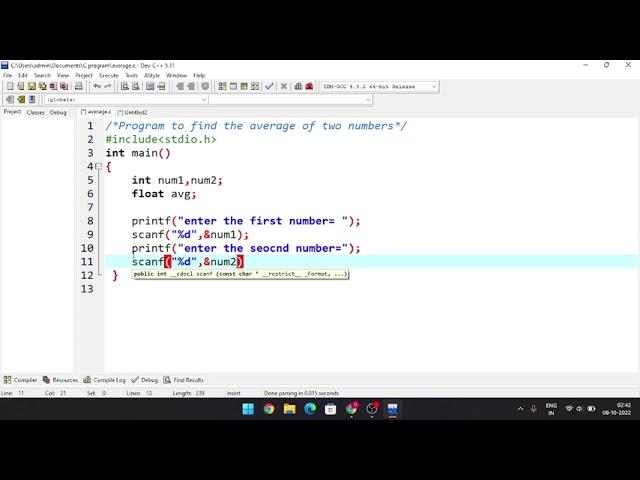 write a program in C to find the average of two numbers