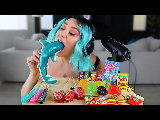 I Tried ASMR.. Eating GAINT GUMMY SHARK, FRUIT JELLY, POP ROCKS CRUNCHY EATING SOUNDS