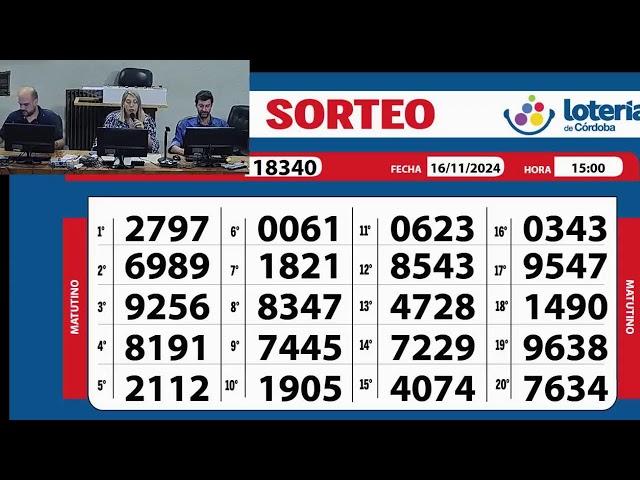 Sorteo de Quiniela MATUTINO N°18340– 16/11/2024– 15:00hs