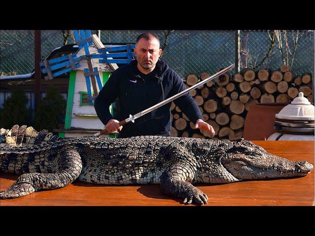 CROCODILE MEAT on a CHARCOAL GRILL, GRILLED CROCODILE MEAT. ENG SUB