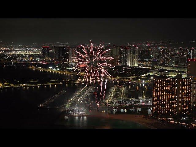 Waikiki at Night with Fireworks (Drone Footage)