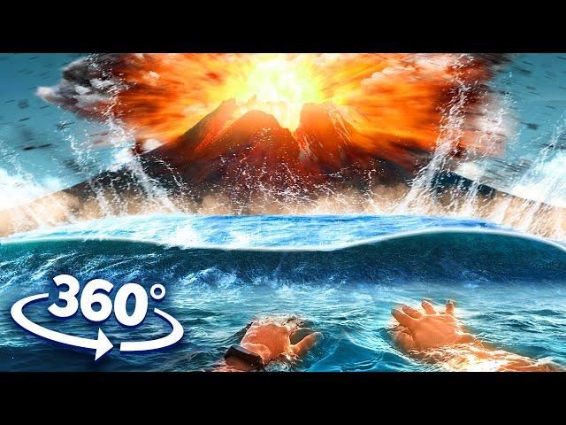 VR 360 Volcano Creates Tsunami Wave - Natural Disaster Up-close 360 video