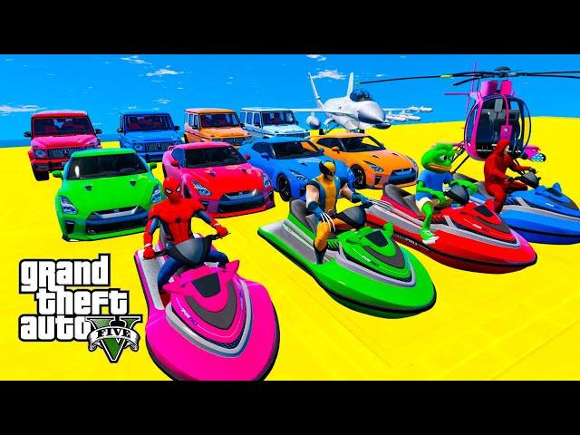 GTA V Mega Ramp Boats, Cars, Motorcycle with Trevor and Friends New Stunt Map Challenge