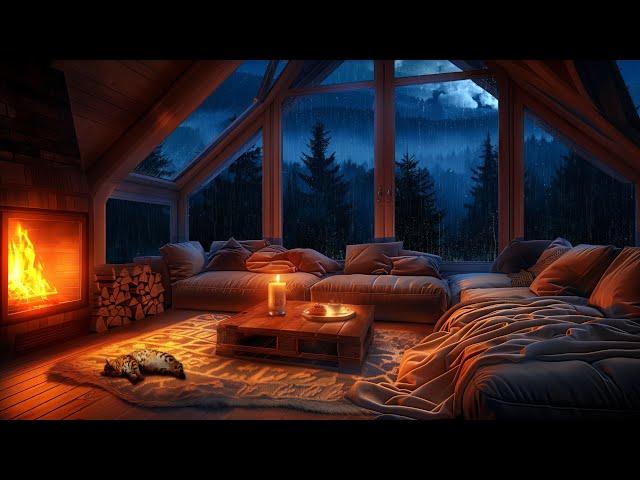 Cozy Attic Living Room Thunderstorm - Rain, Fireplace, and Sleeping Cat Ambiance