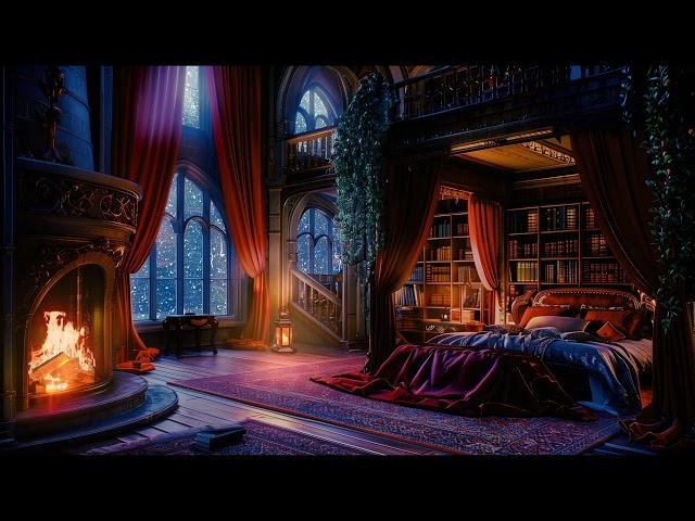 Nighttime Thunderstorm in this Cozy Castle Room with Rain and Fireplace Sounds to Sleep Profoundly