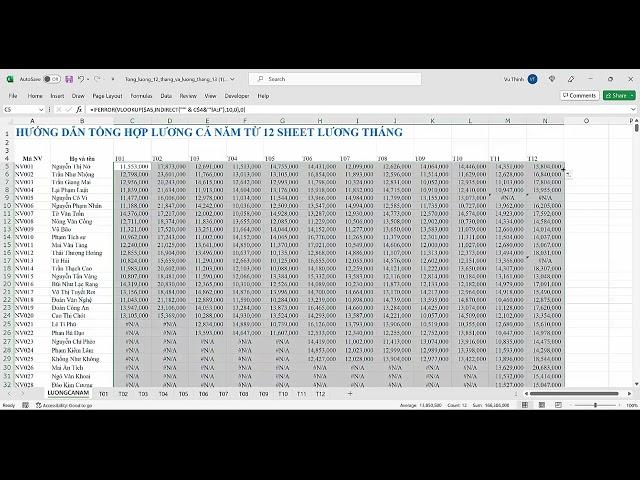 Hướng dẫn công thức Excel tổng hợp lương cả năm từ 12 sheet lương tháng
