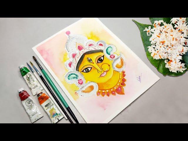 Easy Watercolor Devi Durga Face Painting Step by Step / Durga Face / Antara Art Cafe / DC#81