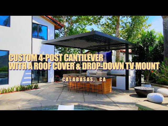 Custom 4-Post Cantilever w/ Massive Roof Cover & Drop-Down TV Mount | Elite LA Patios