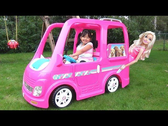 Kid Buys a Giant Barbie Dream Camper Van Vehicle Ride-On Power Wheel