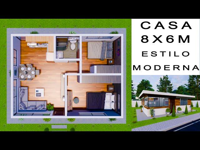 Plano de casa 8x6 metros moderna | Desain rumah 8x6 | House design 8x6