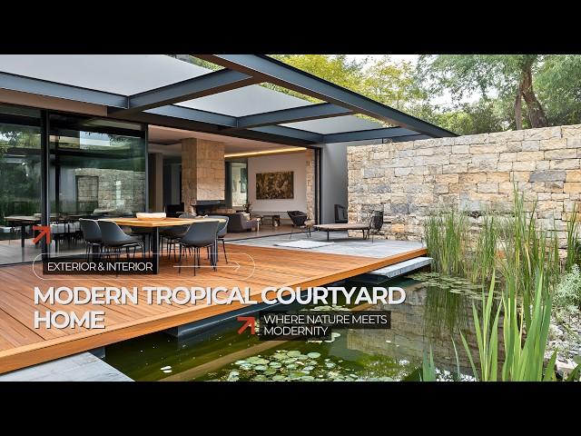 Modern Tropical Courtyard Home Design with Floating Deck & Natural Pond