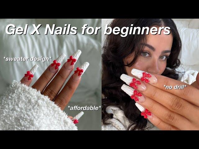 *no drill* Gel X Nails at home beginner friendly + easy sweater nail art design 